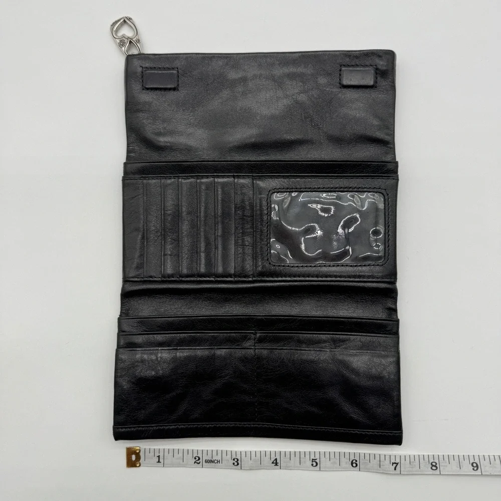 Brighton Black‎ Leather Trifold Wallet Clutch with Heart Charm Floral Detail